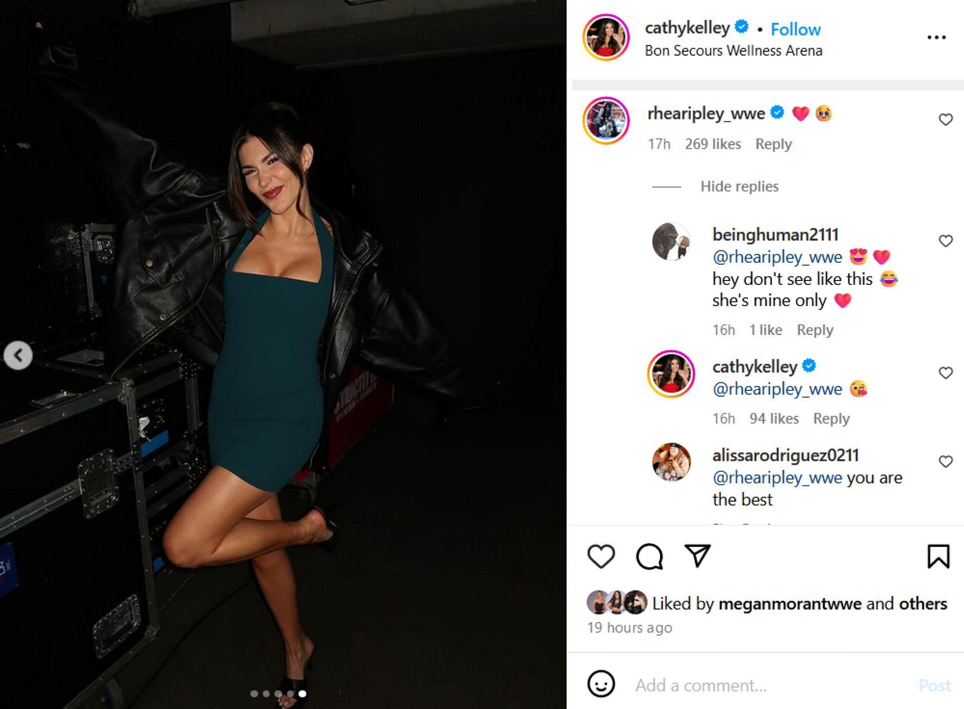 Screenshot of Rhea Ripley's comment to Cathy Kelley on Instagram